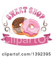 Clipart Of Pink And Chocolate Glazed Donuts With Text Over A Banner Royalty Free Vector Illustration
