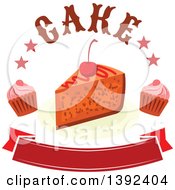 Clipart Of A Cake Design With Cupcakes Stars Text And A Banner Royalty Free Vector Illustration