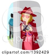 Clipart Of A Love Struck White Teen Girl Stalking Her Crush And Holding A Camera Royalty Free Vector Illustration
