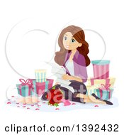 Brunette White Teen Girl Reading A Love Letter And Surrounded By Gifts