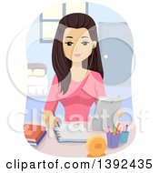 Poster, Art Print Of Brunette White Teen Girl Studying With A Tablet