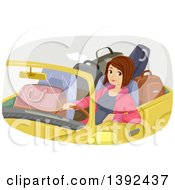 Brunette White Woman In A Convertible Car Filled With Luggage