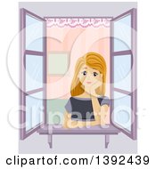 Clipart Of A Blond White Girl Musing At A Window Royalty Free Vector Illustration
