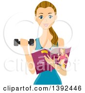 Poster, Art Print Of Fit Dirty Blond White Teen Girl Holding A Magazine And Working Out With A Dumbbell