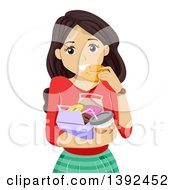 Brunette White Teen Girl Eating A Donut And Holding Coffee