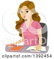 Clipart Of A Dirty Blond White Teen Girl Studying At A Desk Royalty Free Vector Illustration