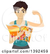 Skinny Teenage Guy Flexing His Biceps And Reading A Fitness Magazine