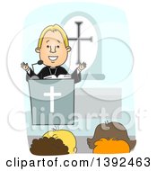 Cartoon Blond White Protestant Priest Preaching At The Pulpit