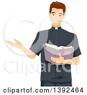 Clipart Of A Young White Brunette Male Priest Reading From The Bible Royalty Free Vector Illustration