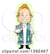 Cartoon Happy Priest In A Cassock Holding A Bible