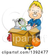 Poster, Art Print Of Cartoon Blond White Man Donating Or Packing Sports Equipment