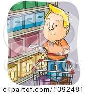 Poster, Art Print Of Cartoon Blond White Man Reading A Shopping List In A Grocery Store