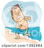 Poster, Art Print Of Cartoon Brunette White Man Being Stung By A Jellyfish At The Beach