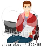 Clipart Of A Happy Brunette White Male Student Using A Laptop At A Desk Royalty Free Vector Illustration