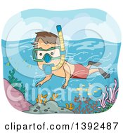 Poster, Art Print Of Cartoon Brunette White Man Snorkeling Over A Reef