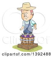 Cartoon Happy Red Haired White Man Stomping Grapes To Make Wine