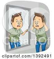 Cartoon Brunette White Man With Dissociative Identity Disorder Arguing With Himself In A Mirror