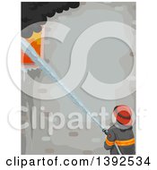 Poster, Art Print Of Rear View Of A Male Firefighter Using A Hose To Put Out A Building Fire With Text Space