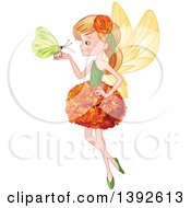 Poster, Art Print Of Blond White Garden Fairy Girl In A Flower Dress Holding A Butterfly