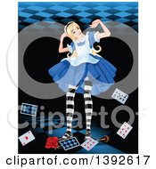 Giant Alice In Wonderland Pushing Up Against A Ceiling With Cards A Key And Rose At Her Feet