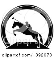 Clipart Of A Silhouetted Black And White Horseback Man On A Leaping Polo Horse Royalty Free Vector Illustration