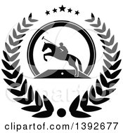 Clipart Of A Black And White Silhouetted Horseback Man On A Leaping Polo Horse In A Wreath Royalty Free Vector Illustration