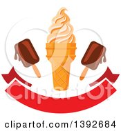 Clipart Of An Ice Cream Cone With Popsicles Over A Blank Banner Royalty Free Vector Illustration