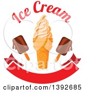 Poster, Art Print Of Ice Cream Cone With Popsicles And Text Over A Blank Banner
