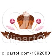 Clipart Of A Cupcake With Candies Over A Banner Royalty Free Vector Illustration