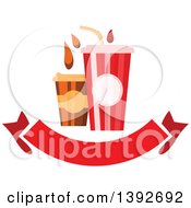 Clipart Of A Fountain Soda And To Go Coffee With Droplets Over A Blank Banner Royalty Free Vector Illustration