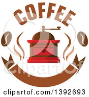 Clipart Of A Vintage Coffee Grinder And Beans With Text Over A Blank Banner Royalty Free Vector Illustration