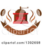 Clipart Of A Vintage Coffee Grinder And Beans Over A Blank Banner Royalty Free Vector Illustration