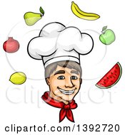 Cartoon White Male Chef Surrounded By Produce