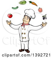Clipart Of A Cartoon White Male Chef Juggling Produce Royalty Free Vector Illustration
