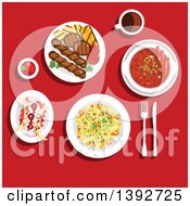 Poster, Art Print Of Table Set With American Food On Red