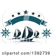 Clipart Of Sailboats With Helms Under A Banner And Stars Royalty Free Vector Illustration