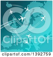 Clipart Of A Dot Map With White Airplanes And Paths Royalty Free Vector Illustration