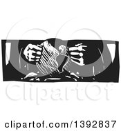 Poster, Art Print Of Black And White Woodcut Sculptors Or Gods Hands Creating Planet Earth