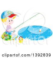Poster, Art Print Of Happy Little Caucasian Boy Sitting On A Bag And Fishing