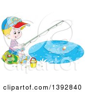 Poster, Art Print Of Happy Little White Boy Sitting On A Bag And Fishing