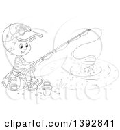 Black And White Lineart Happy Little Boy Sitting On A Bag And Fishing