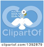 Clipart Of A Dove Flying With A Flower And Happy May Day Text On Blue Royalty Free Vector Illustration