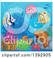Poster, Art Print Of Marine Life And A Treasure Chest By A Sunken Ship
