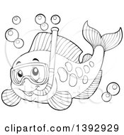 Poster, Art Print Of Black And White Lineart Marine Fish Wearing A Snorkel Mask