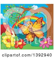 Clipart Of A Happy Orange Butterfly In A Park Royalty Free Vector Illustration