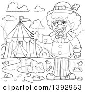 Poster, Art Print Of Black And White Lineart Circus Clown By A Big Top Tent