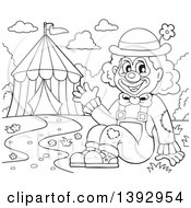 Black And White Lineart Circus Clown Waving By A Big Top Tent