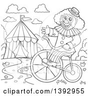 Black And White Lineart Circus Clown On A Bike By A Big Top Tent