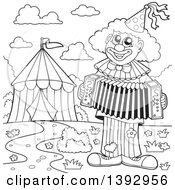 Black And White Lineart Circus Clown Playing An Accordian By A Big Top Tent