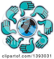 Poster, Art Print Of Cricle Of Turquoise Hands Around Earth